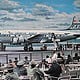 Douglas DC 4 der PAN AMERICAN WORLD AIRWAYS auf dem Frankfurter Rhein-Main Flughafen 1950er.  Acryl auf Sperrholzplatte